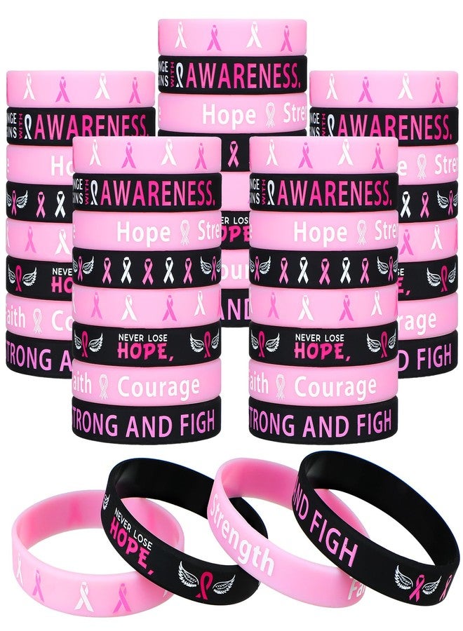 Minatee 100 Pcs Breast Cancer Awareness Bracelets, Pink Ribbon Silicone Wristbands with Hope Faith Strength Courage Support Black Breast Cancer Party Favors Gifts for Women(Classic) - Image 1